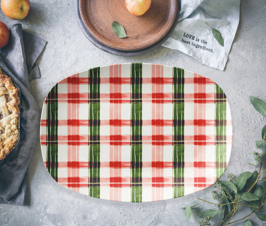 Christmas Serving Platter - Modern Tartan Plaid, Green, Red & Pink, Luxury Plastic