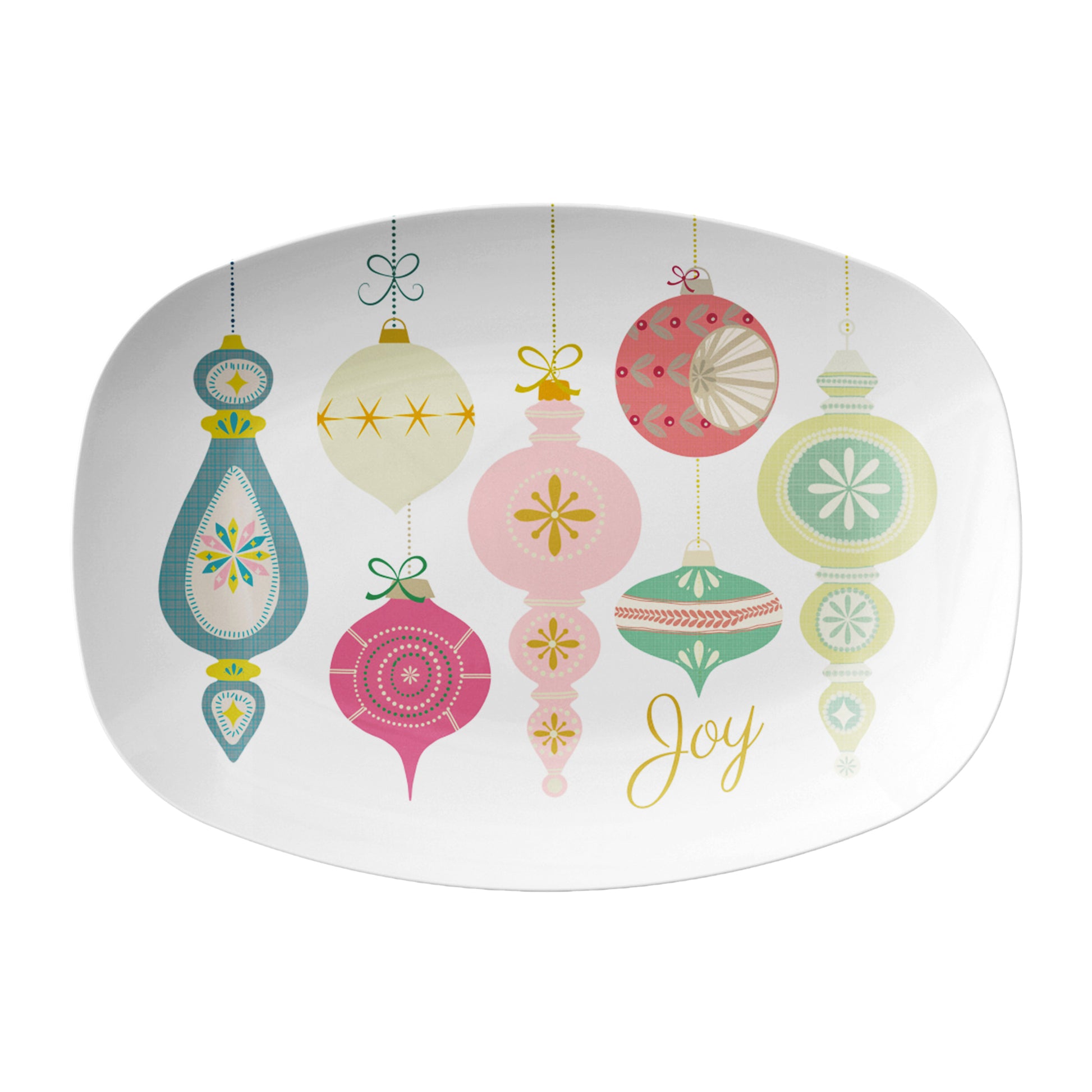 Decorative platter with colorful Christmas ornaments and the word 'Joy' on a white background