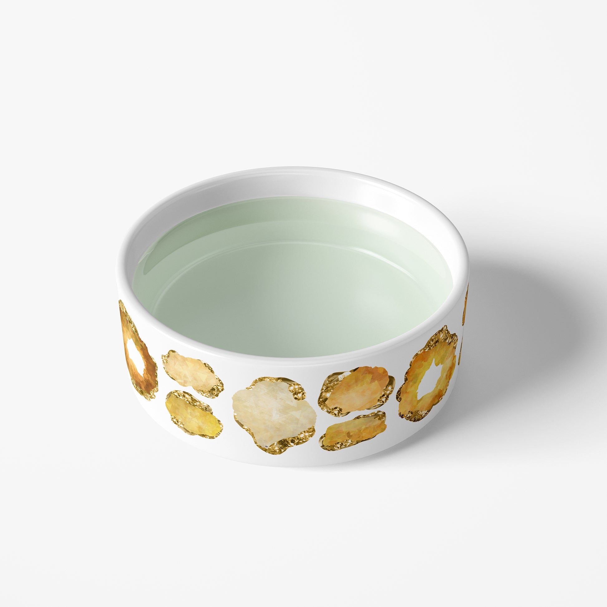 white ceramic dish with yellow citrine jewel print  - water bowl for pets