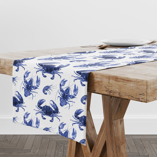 White Table Runner with Indigo Blue Watercolor Lobster & Crab & Shrimp  Print on wood table