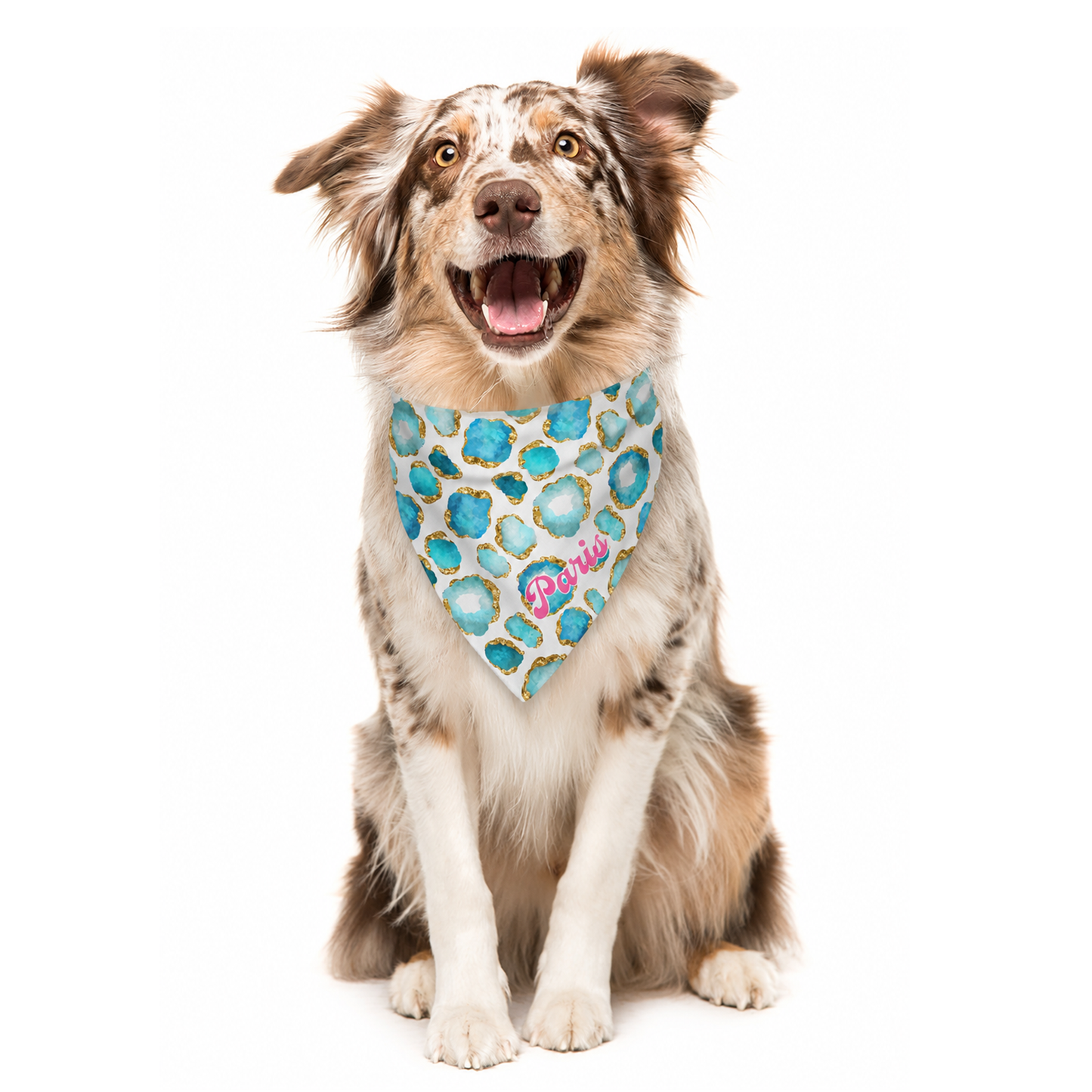 Dog wearing a blue, gold and white jewel patterned bandana with customized name on a white background