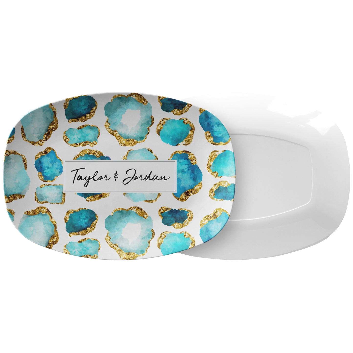 Personalized Serving Platter, Gemstone Print, Aquamarine and Gold, Luxury Plastic