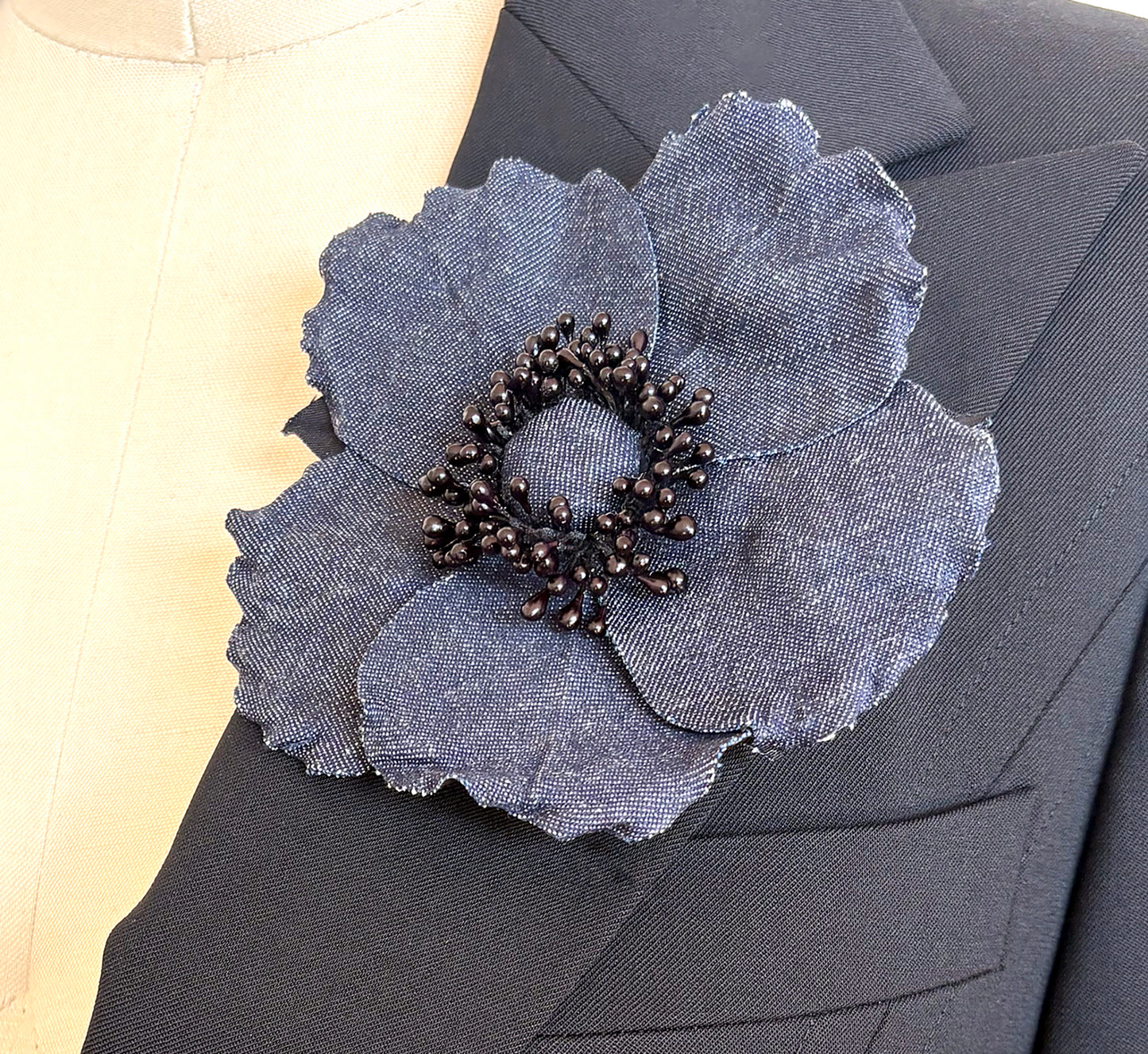 Blue Denim Flower Pin, Handmade Wild Rose Brooch, 4.5"D