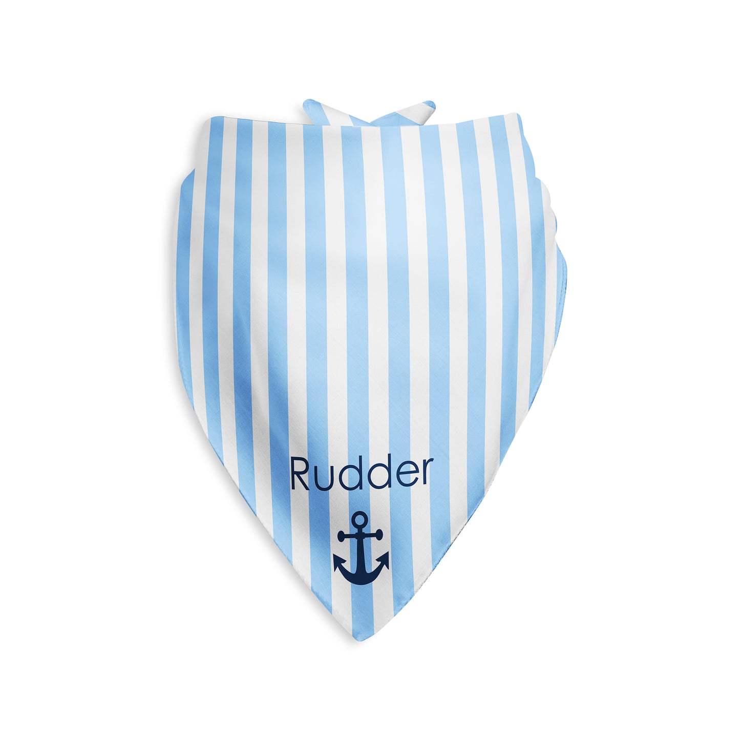 Blue and white striped personalized dog bandana with an anchor motif on a white background