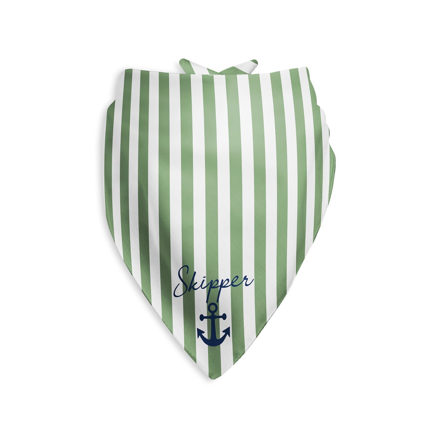 Green and white striped dog bandana personalized with name and anchor design on a white background