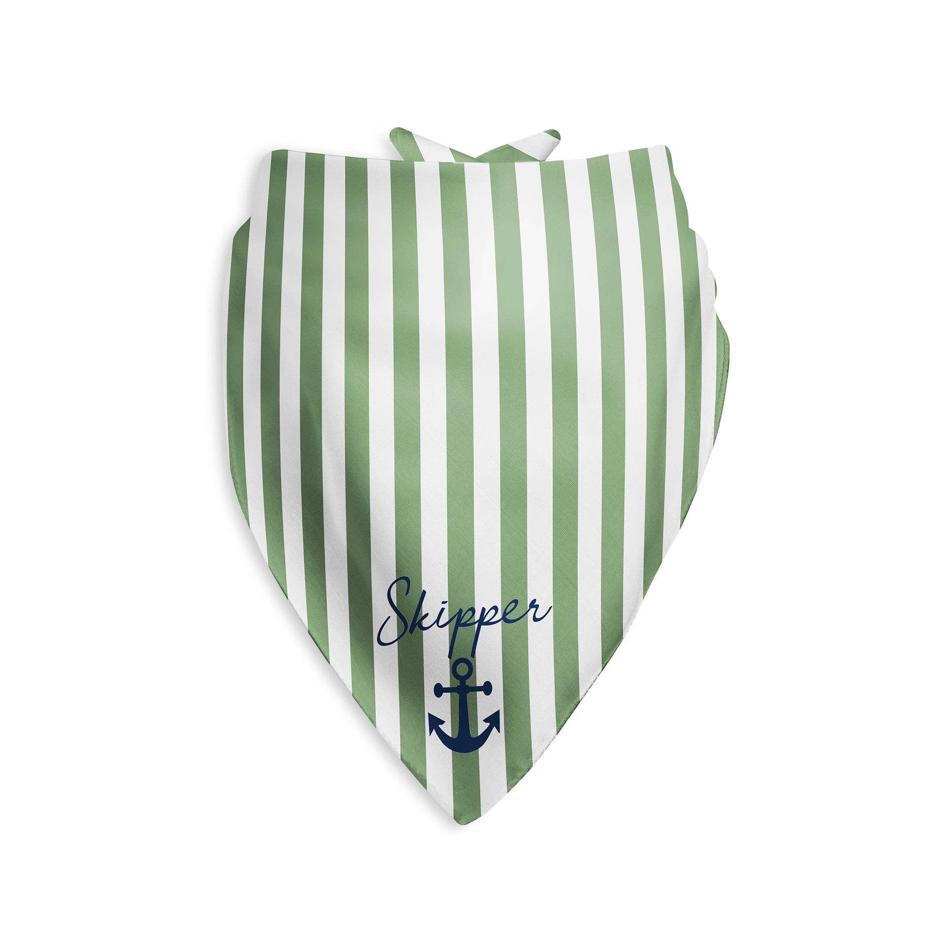 Green and white striped dog bandana personalized with name and anchor design on a white background