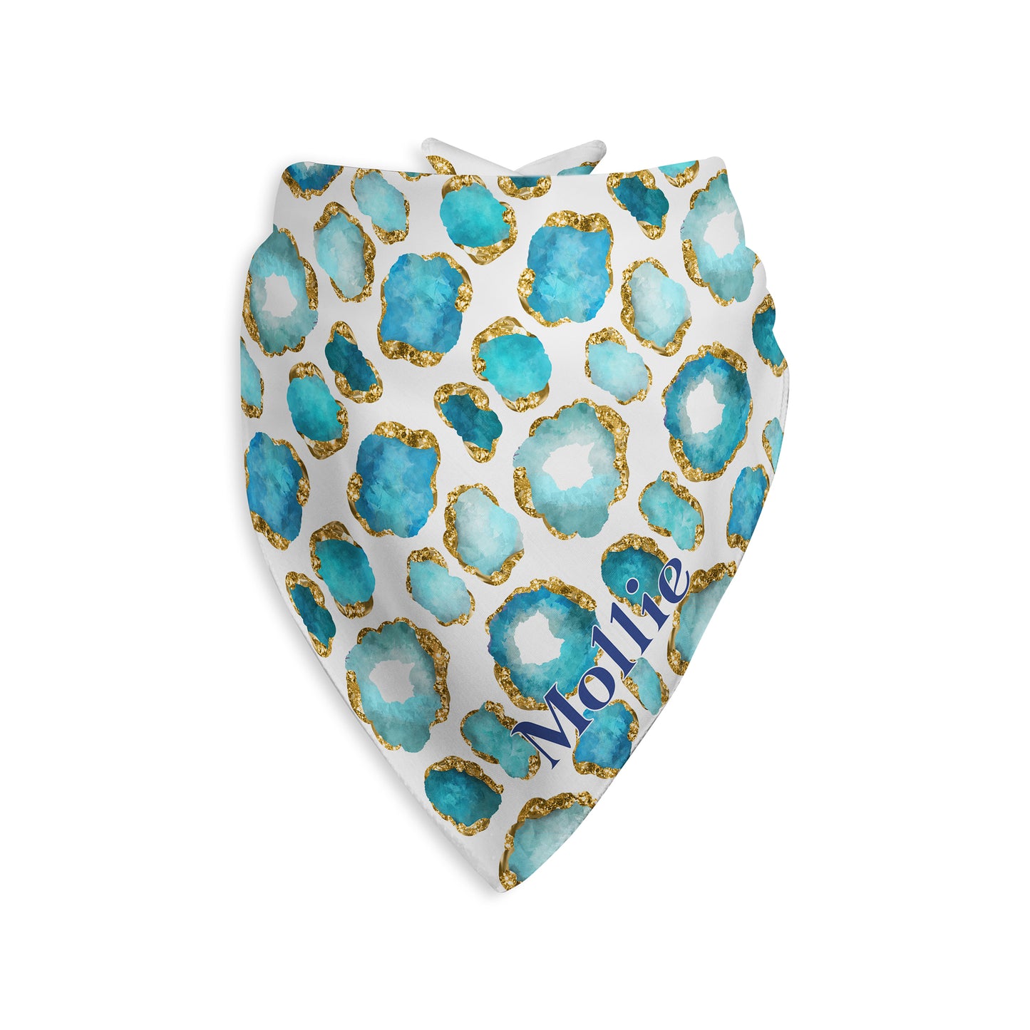 Aquamarine Gemstone Print Personalized Dog Bandana, Aqua Blue, Gold & White
