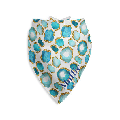Aquamarine Gemstone Print Personalized Dog Bandana, Aqua Blue, Gold & White
