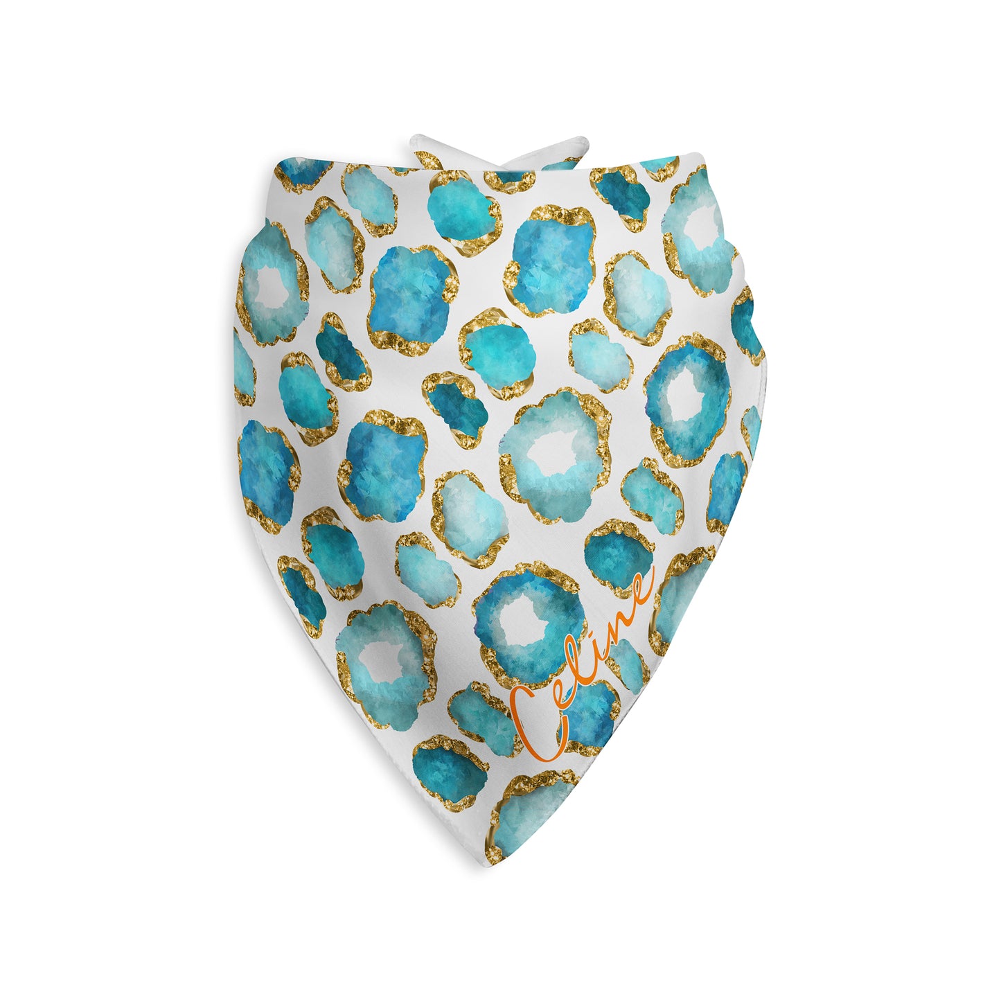 Aquamarine Gemstone Print Personalized Dog Bandana, Aqua Blue, Gold & White