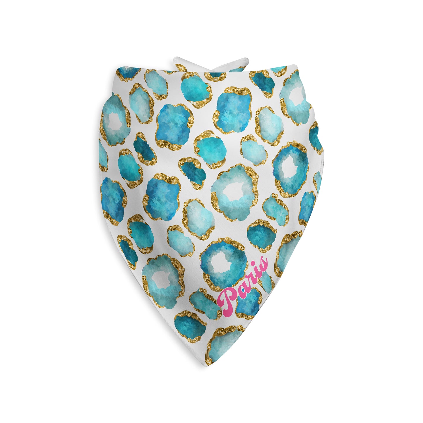 Aquamarine Gemstone Print Personalized Dog Bandana, Aqua Blue, Gold & White