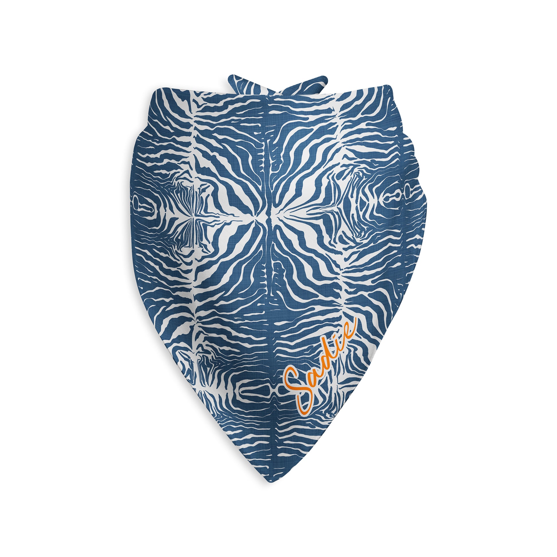 Denim Blue and white zebra patterned dog bandana with custom name printed on it, on a white background