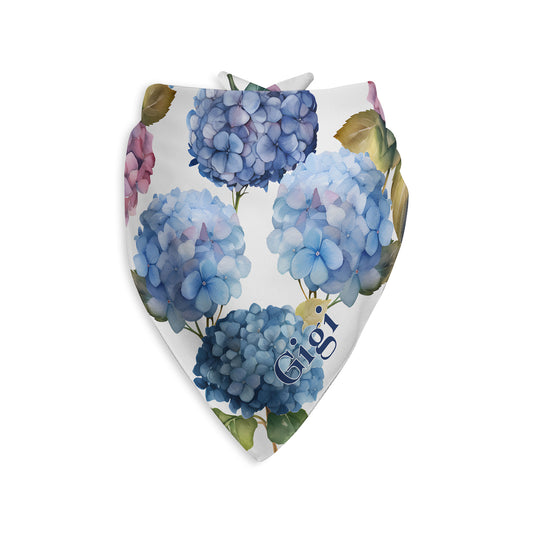 Personalized floral patterned bandana with blue and pink watercolor hydrangea flowers and custom name on a white background