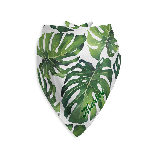 Tropical Leaves Personalized Dog Bandana, Custom Pet Bandana, Green & White