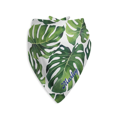 Tropical Leaves Personalized Dog Bandana, Custom Pet Bandana, Green & White