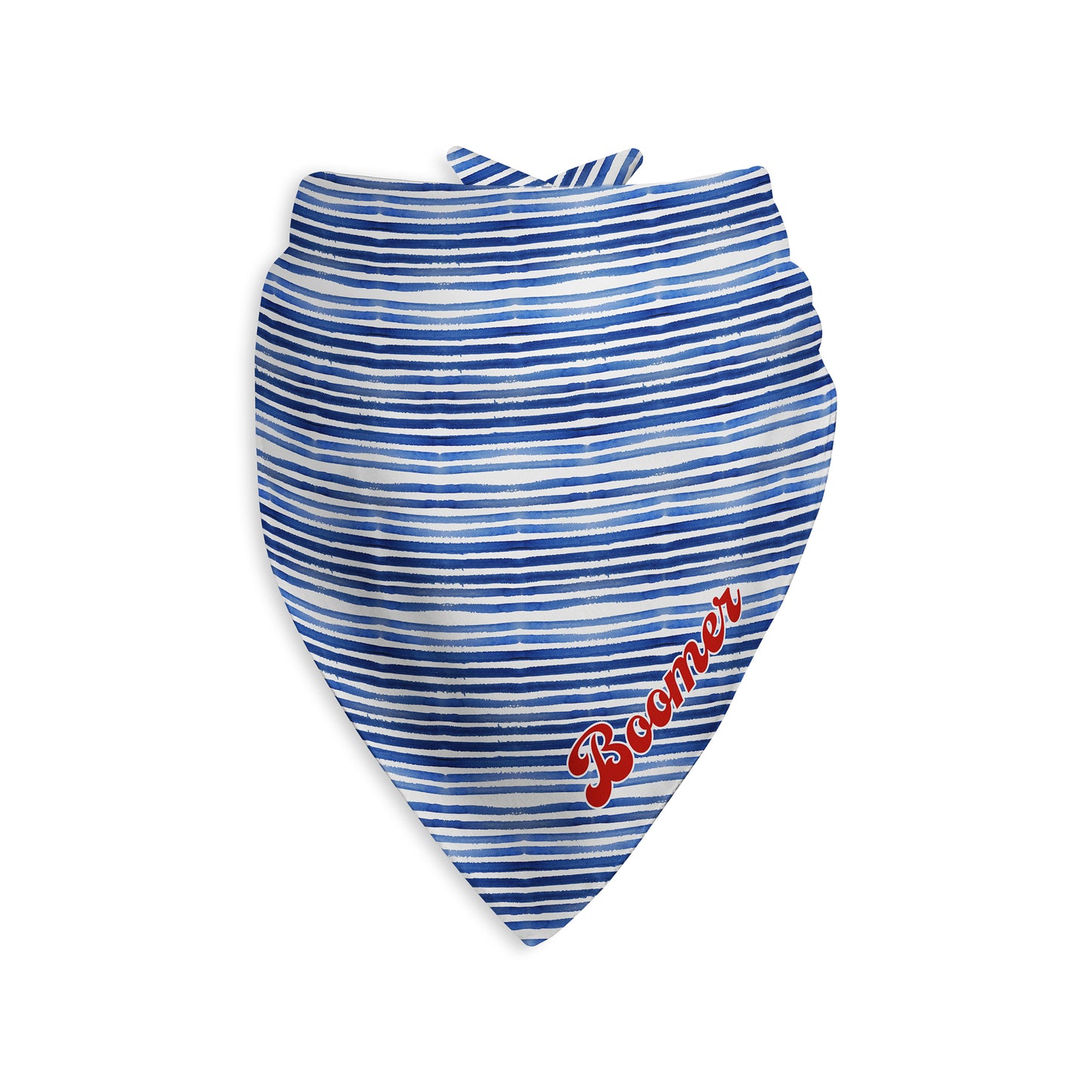 Blue and white striped dog bandana personalized with custom name on a white background