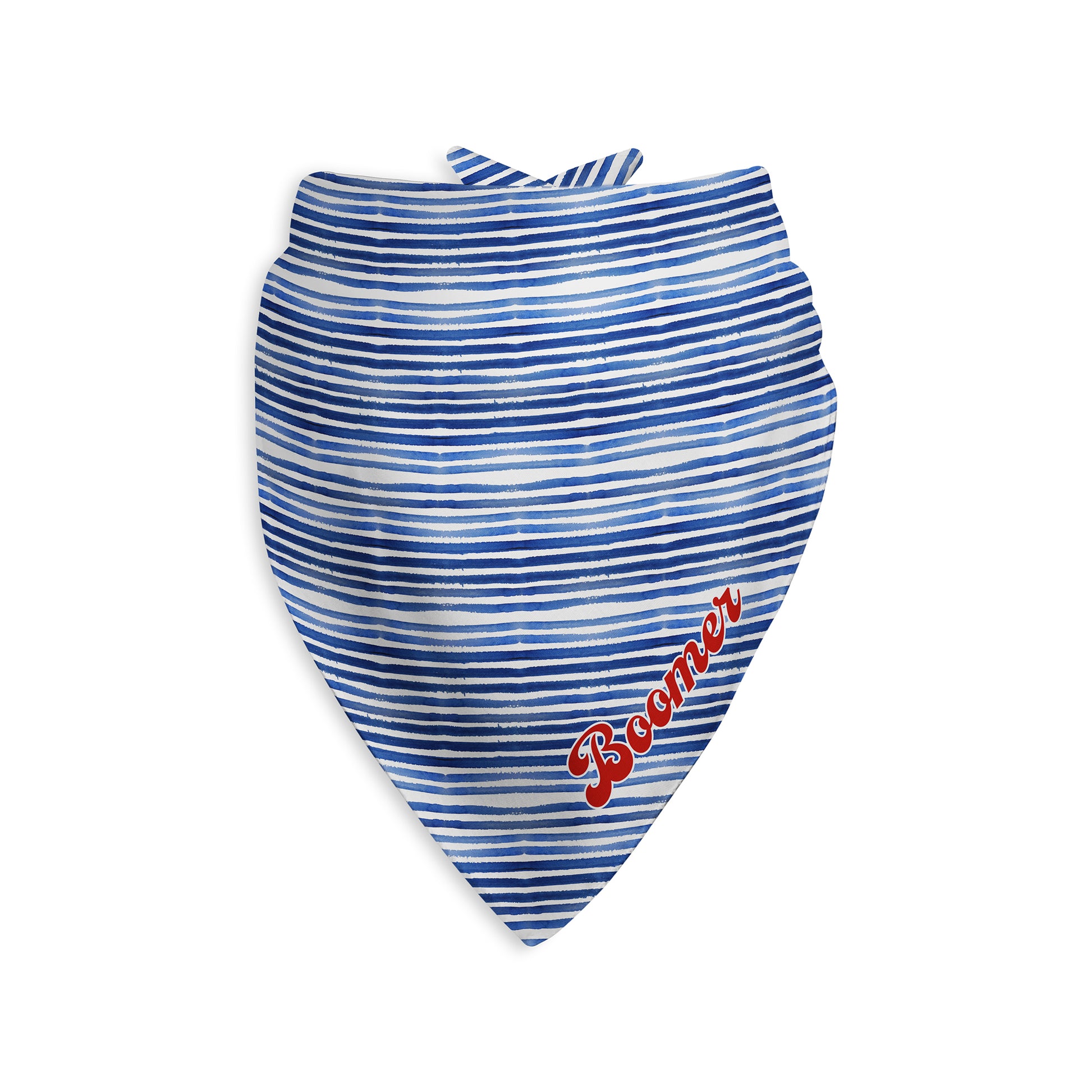 Blue and white striped dog bandana personalized with custom name on a white background