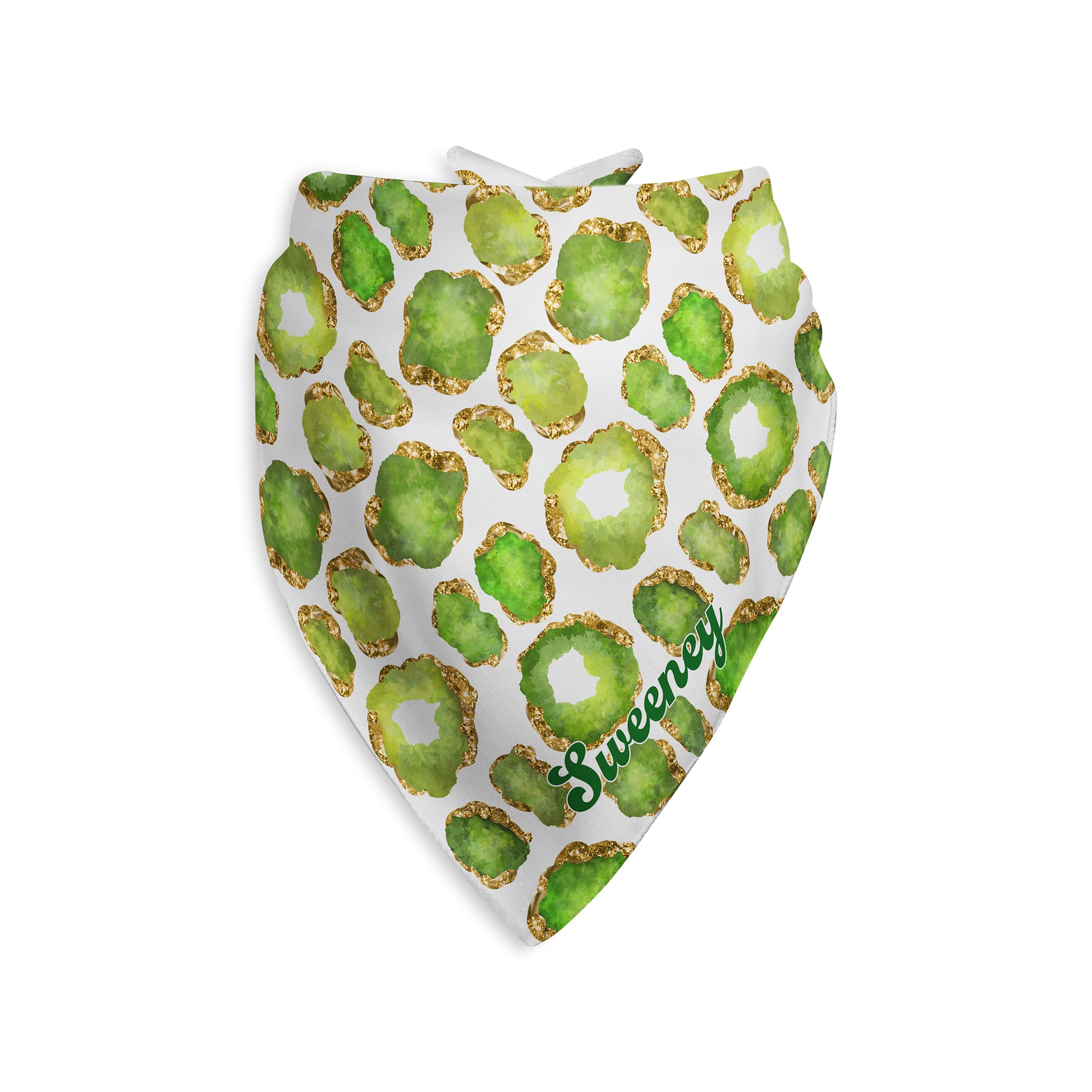 Green, gold and white jewel patterned dog bandana scarf with custom name on a white background