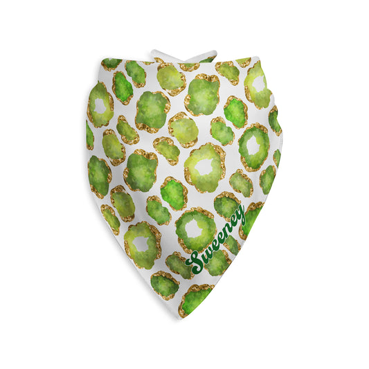 Green, gold and white jewel patterned dog bandana scarf with custom name on a white background