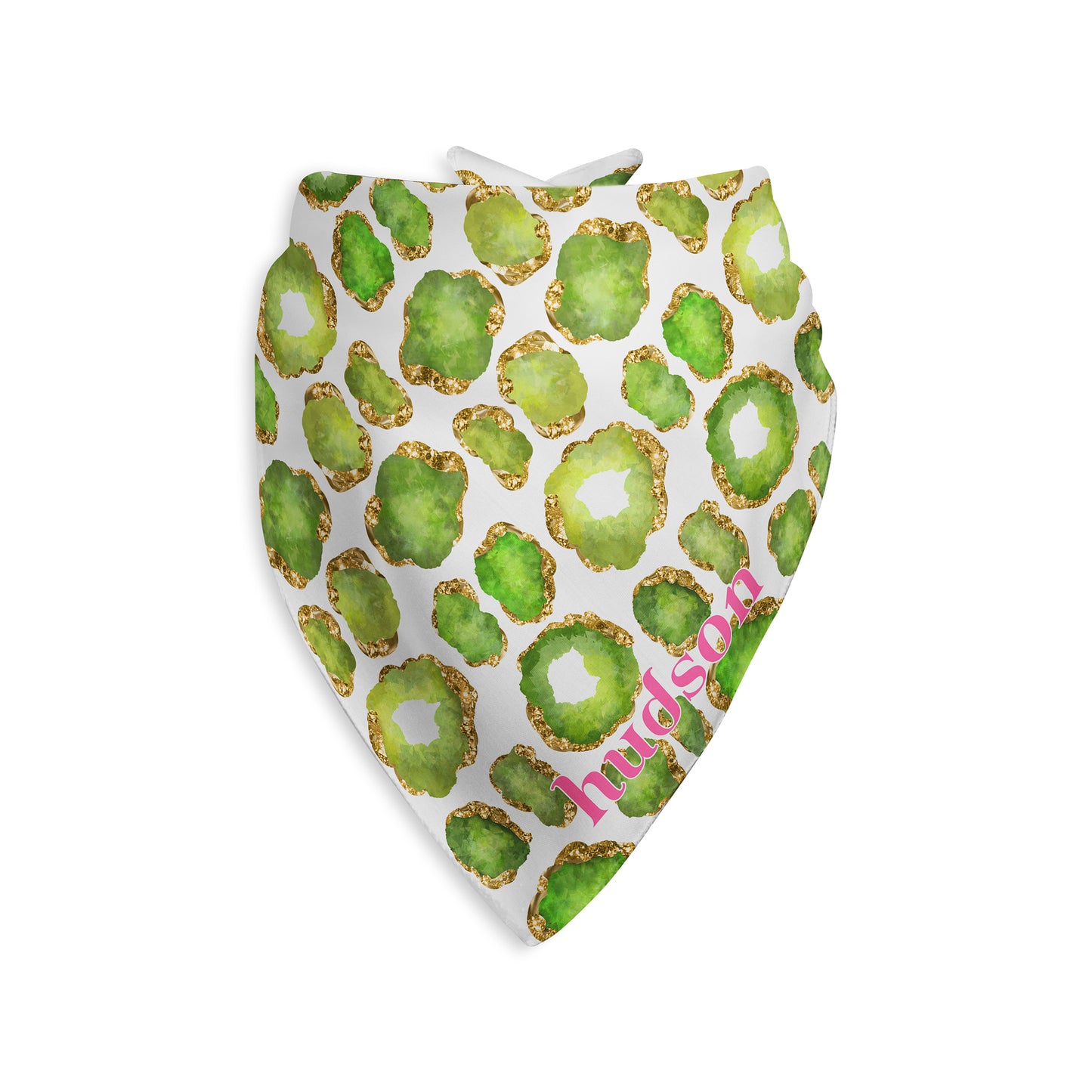 Peridot Gemstone Print Personalized Dog Bandana, Green, Gold & White
