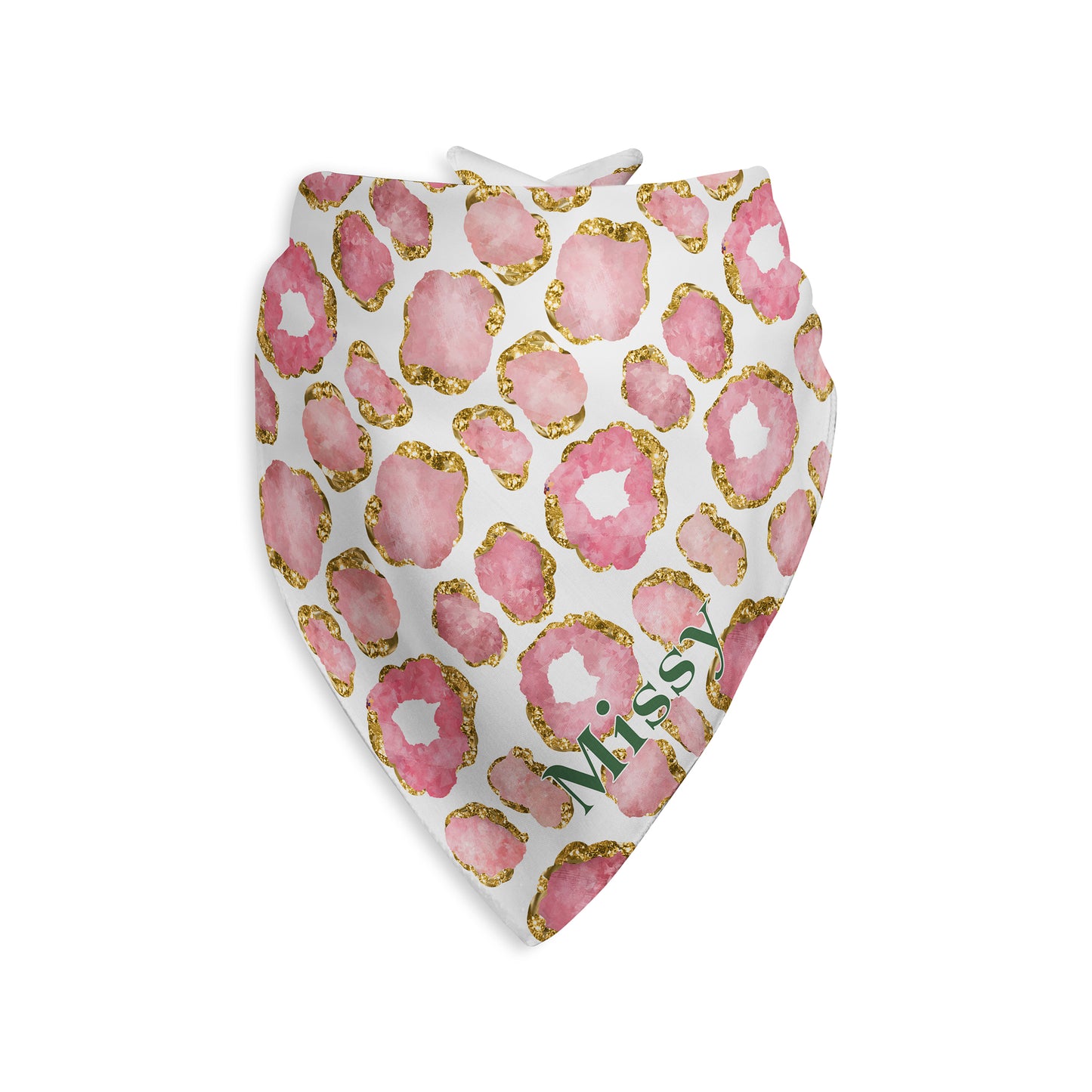 Pink and gold jewel patterned dog bandana scarf with custom name on a white background