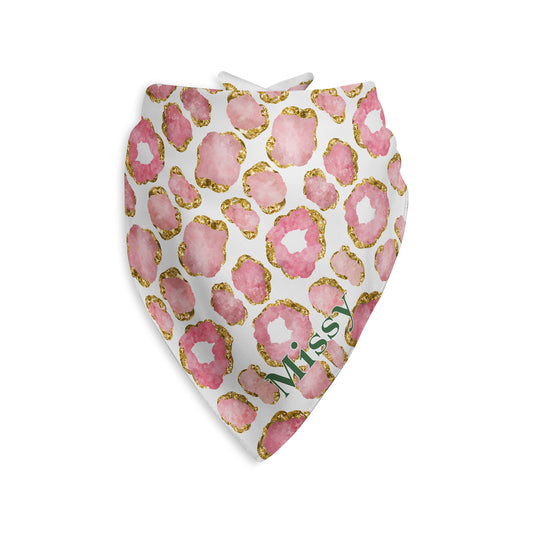 Pink and gold jewel patterned dog bandana scarf with custom name on a white background