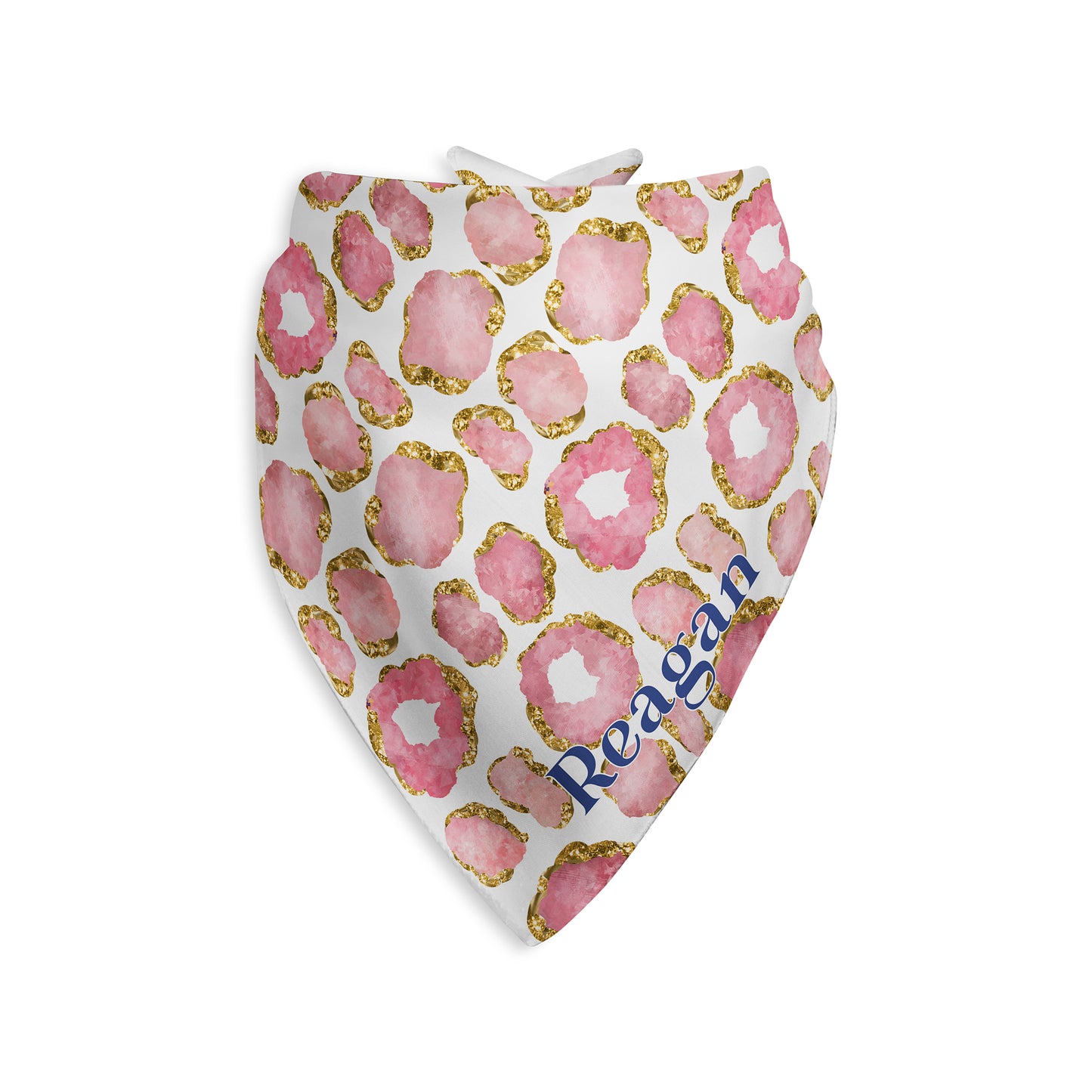 Pink Quartz Gemstone Print Personalized Dog Bandana, Pink Gold & White