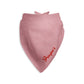 Red chambray-like dog bandana personalized with custom name on a white background