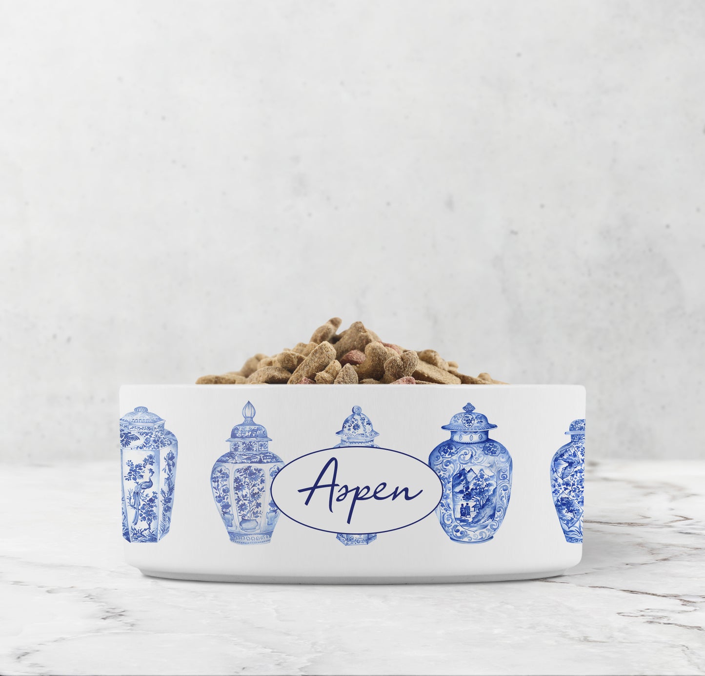White ceramic pet dish has blue ginger jars printed all around the diameter and is personalized with any custom text.