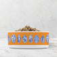 Heavy ceramic dog bowl with chinoiserie ginger jars modern print in orange in blue