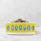 Colorful yellow and blue ceramic dog bowl with ginger jars print