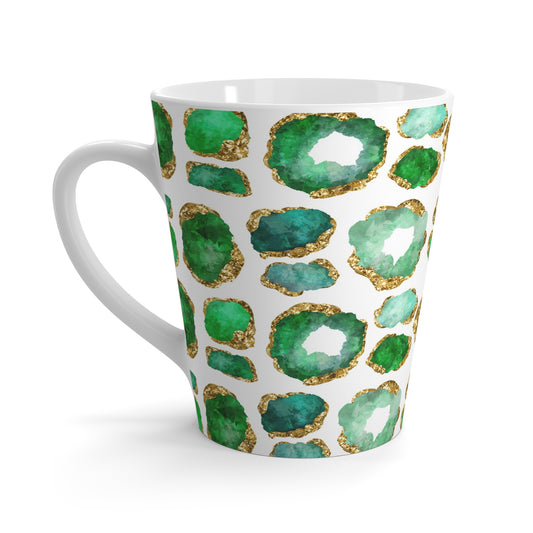 Emerald green and gold gemstone jewel print on white ceramic latte coffee mug