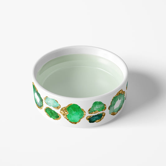 White and green jewel print ceramic  water bowl for cats and dogs. Dog water bowl no spill heavy ceramic.