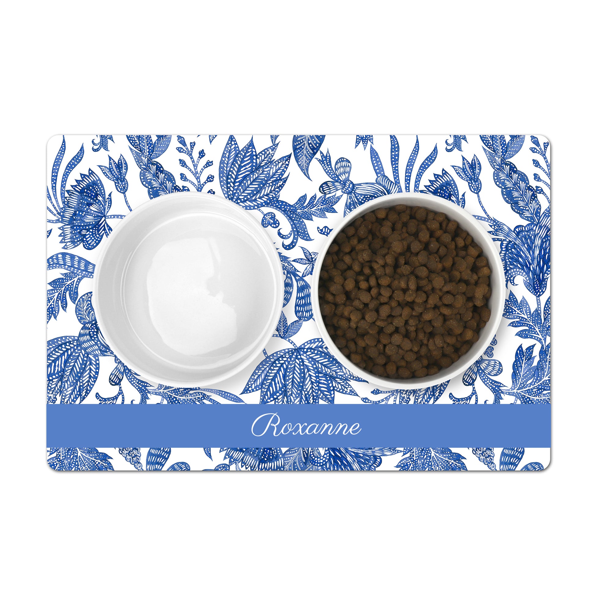 Personalised Pet Food Mat with Blue & White Floral Batik Print
