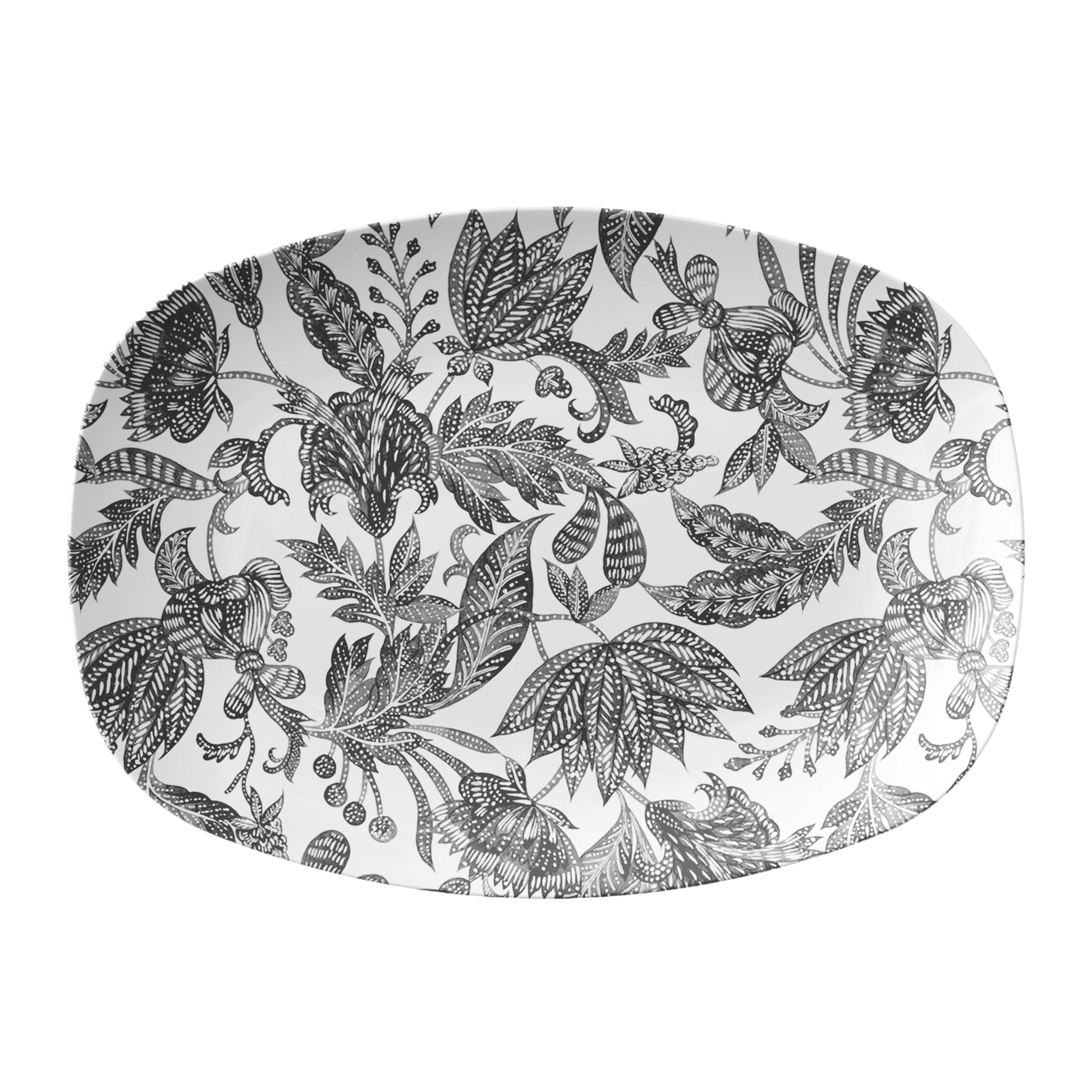 Black and white serving platter dish with Bali-inspired batik floral print