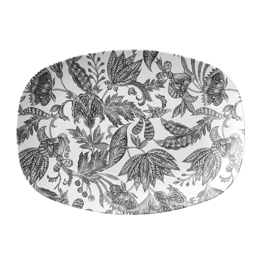Black and white serving platter dish with Bali-inspired batik floral print