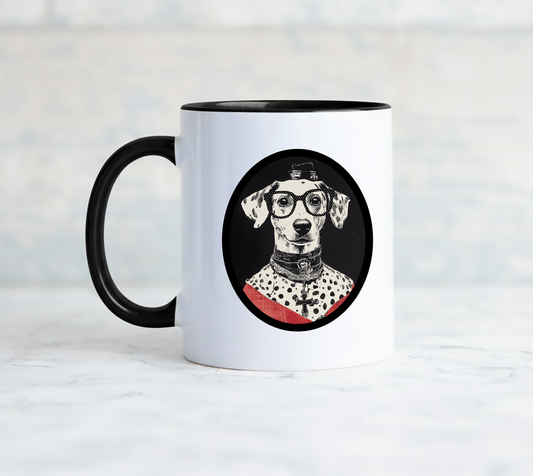White mug with black handle features an adorable dog with polka dot glasses and says I feel sorry for people who don't know me.