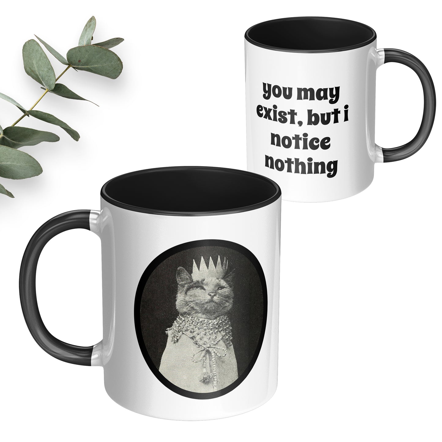 Mug with a vintage photo of a cat with a queens robe and a crown. Funny saying on the back side of the mug says you may exist but I notice nothing.
