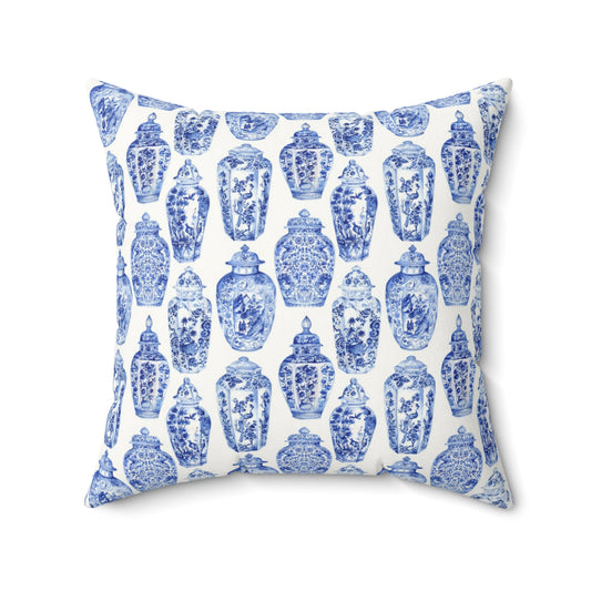 Blue & White Ginger Jars All-Over Pattern Square Throw Pillow on white 
