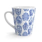 White ceramic mug with blue and white chinoiserie ginger jars decorative pattern on a white background