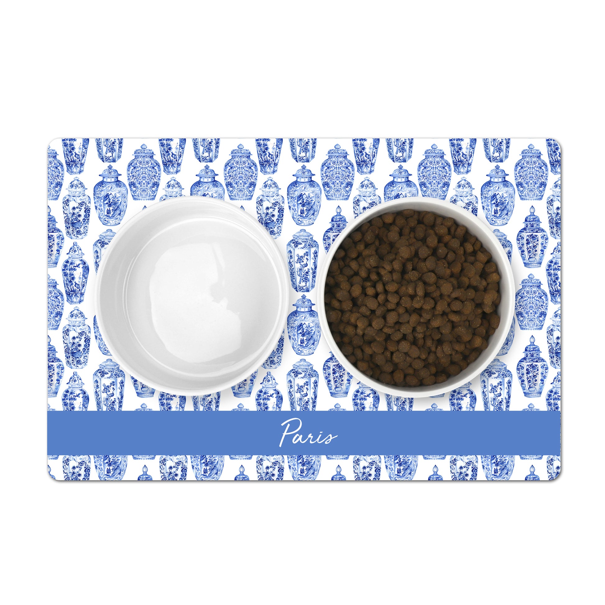 Personalized pet mat featuring chinoiserie pattern of blue and white ginger jars with custom printed pet name.