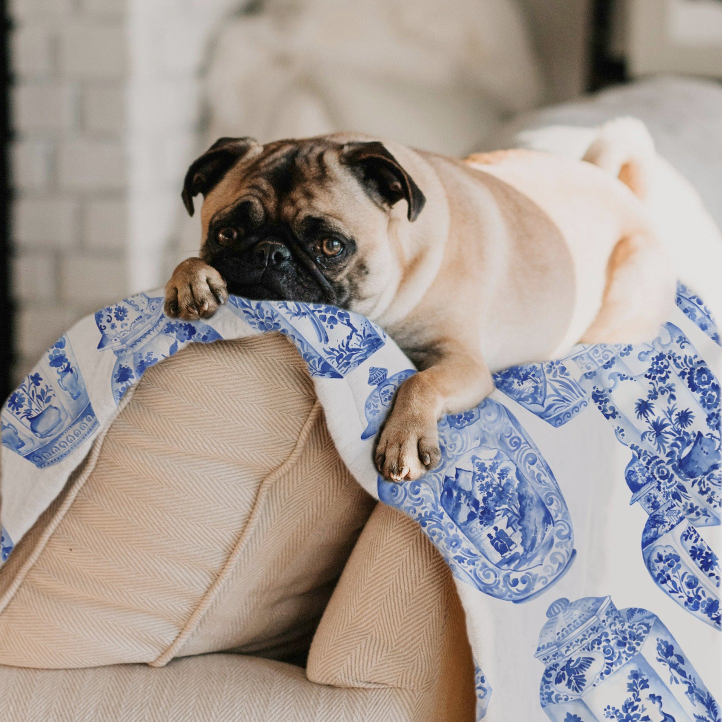 Personalized Dog Bed Blanket with Chinoiserie Print - Blue & White Ginger Jars