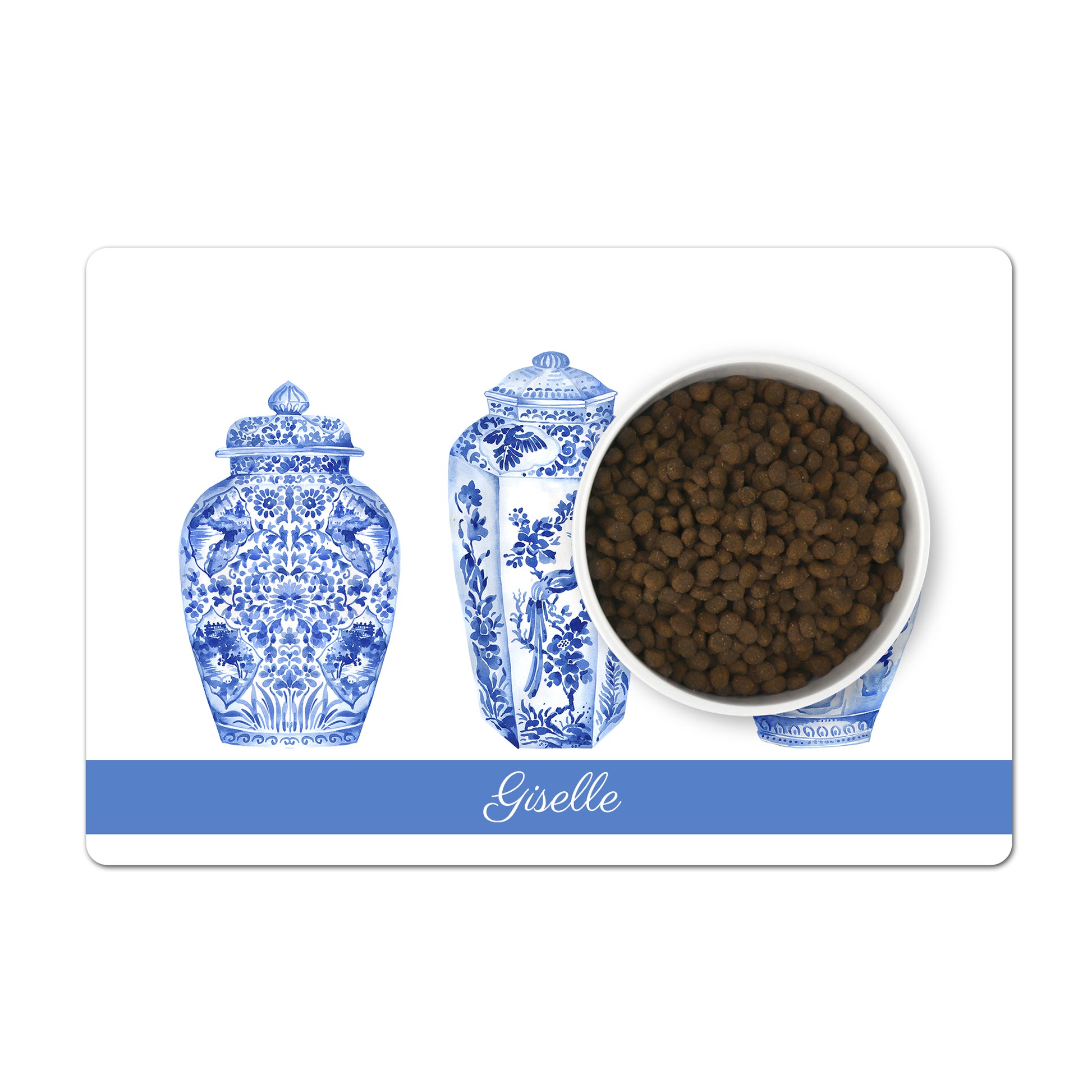Personalized Pet Food mat with large blue and white chinoiserie ginger jars.