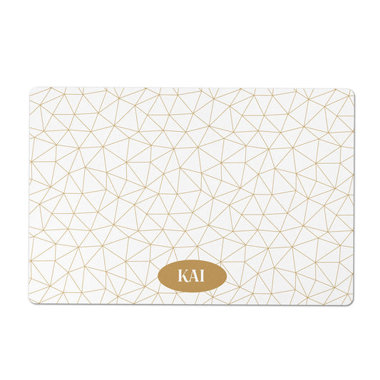 Personalized Pet Bowl Mat, Geometric Lines, Gold and White