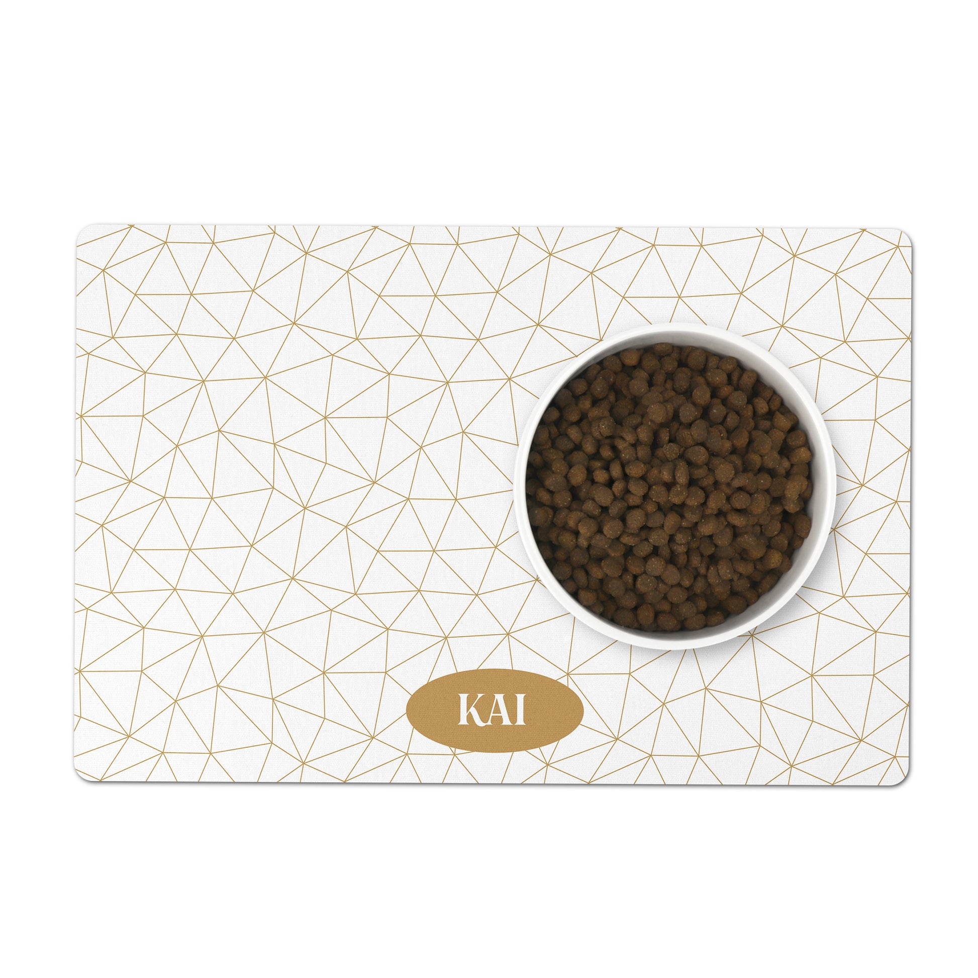 Geometric pattern in gold and white is printed on this modern dog or cat bowl mat and can be personalized with any name or word.
