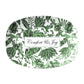 Decorative serving platter tray with green batik leaf pattern and custom text on a white background