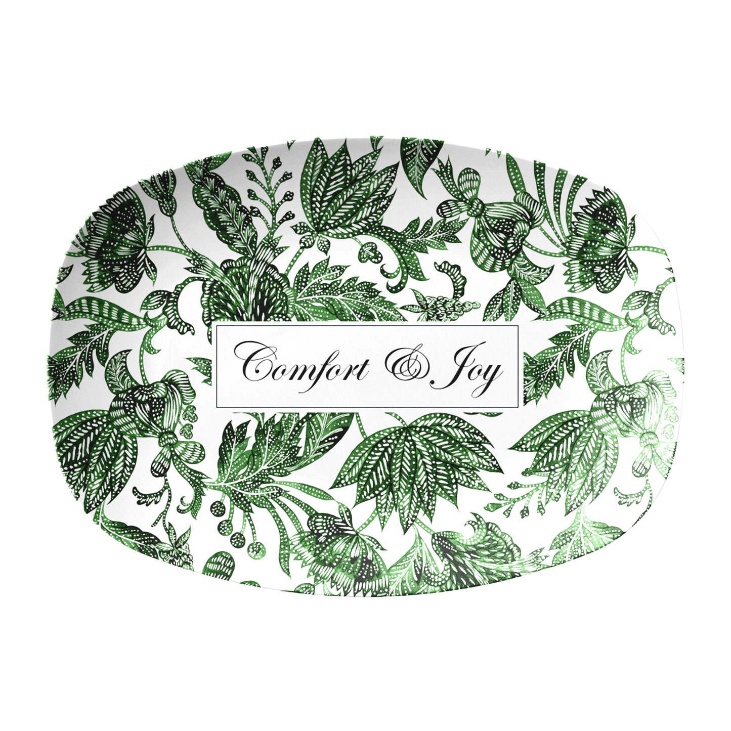 Decorative serving platter tray with green batik leaf pattern and custom text on a white background