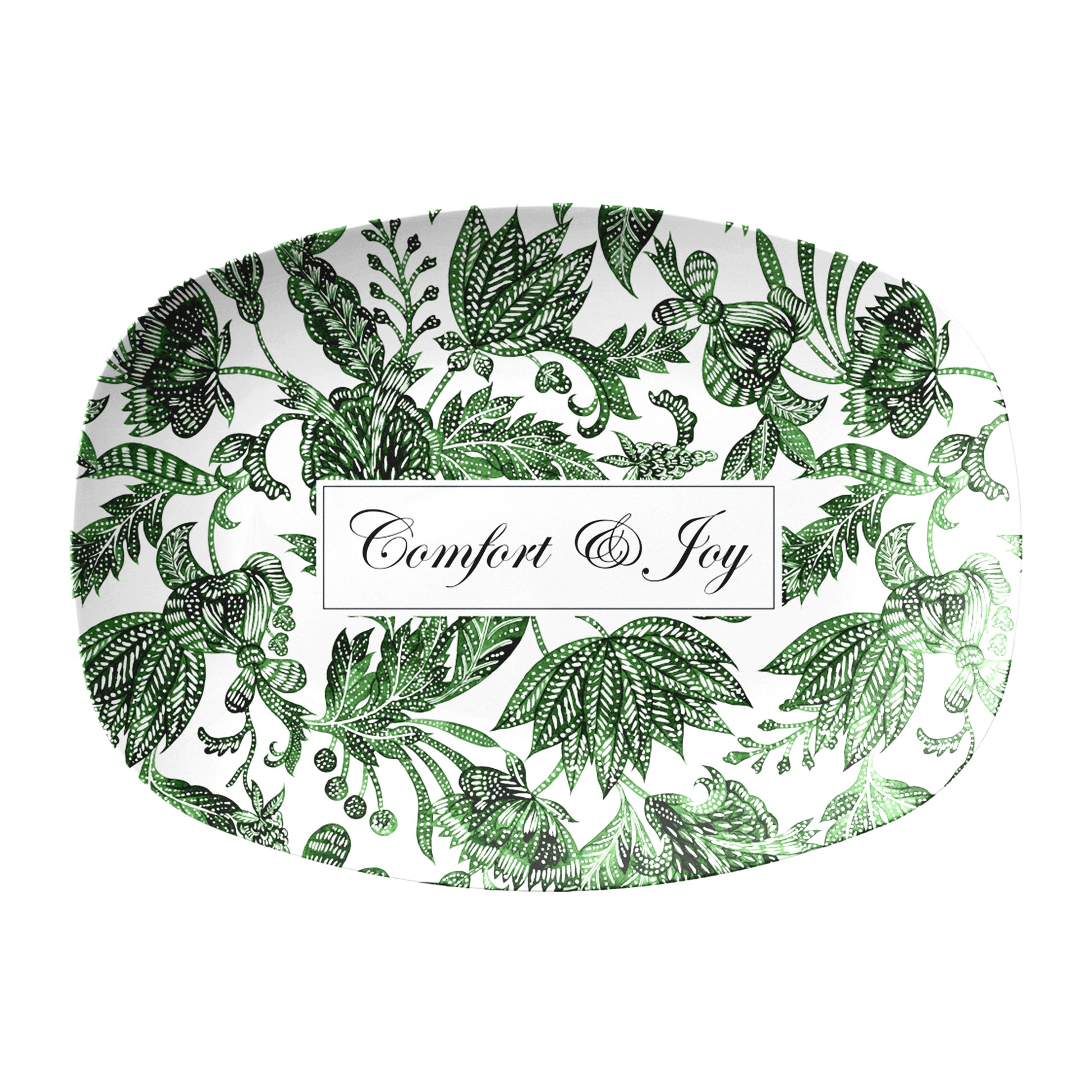 Decorative serving platter tray with green batik leaf pattern and custom text on a white background