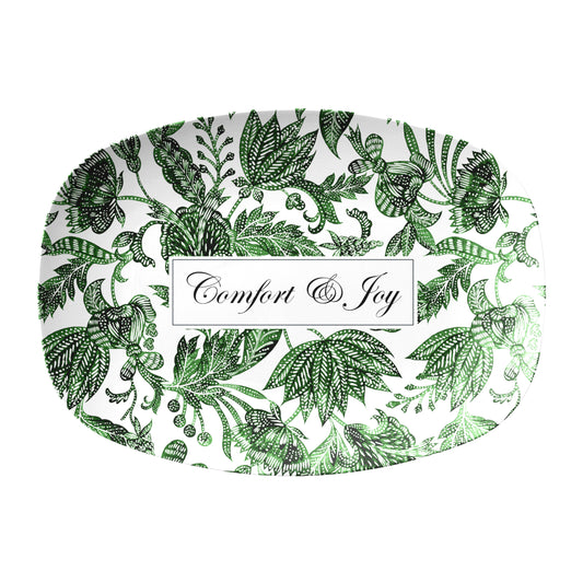 Decorative serving platter tray with green batik leaf pattern and custom text on a white background