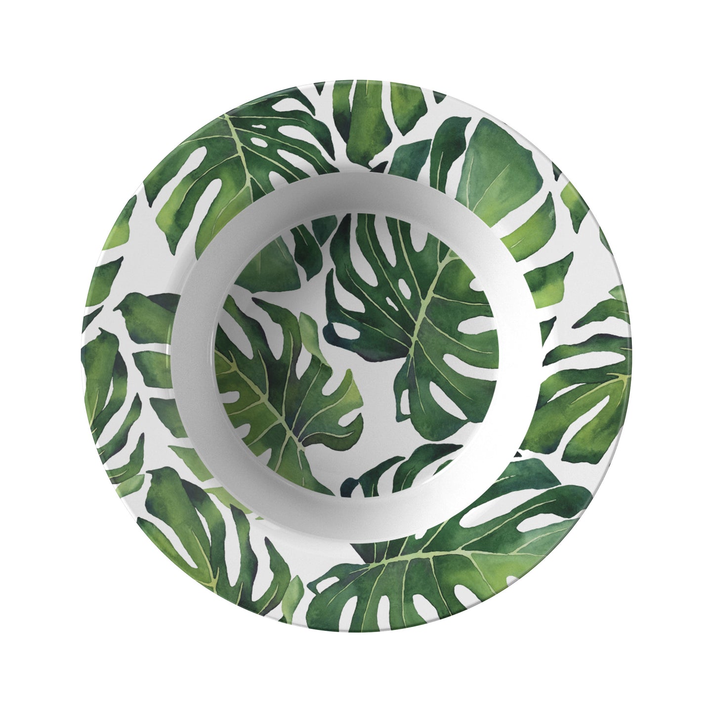 Green monsetra leaf print plastic rimmed bowl for soup, pasta, salad .