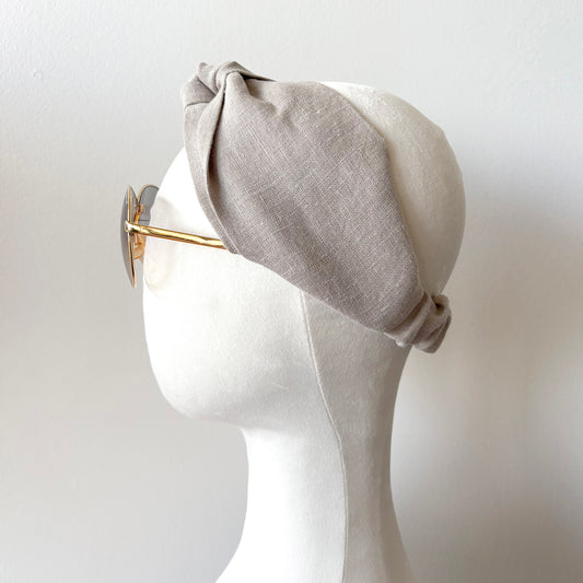 Beige Linen Headband, Twist Top Knot Turban Headband with Elastic